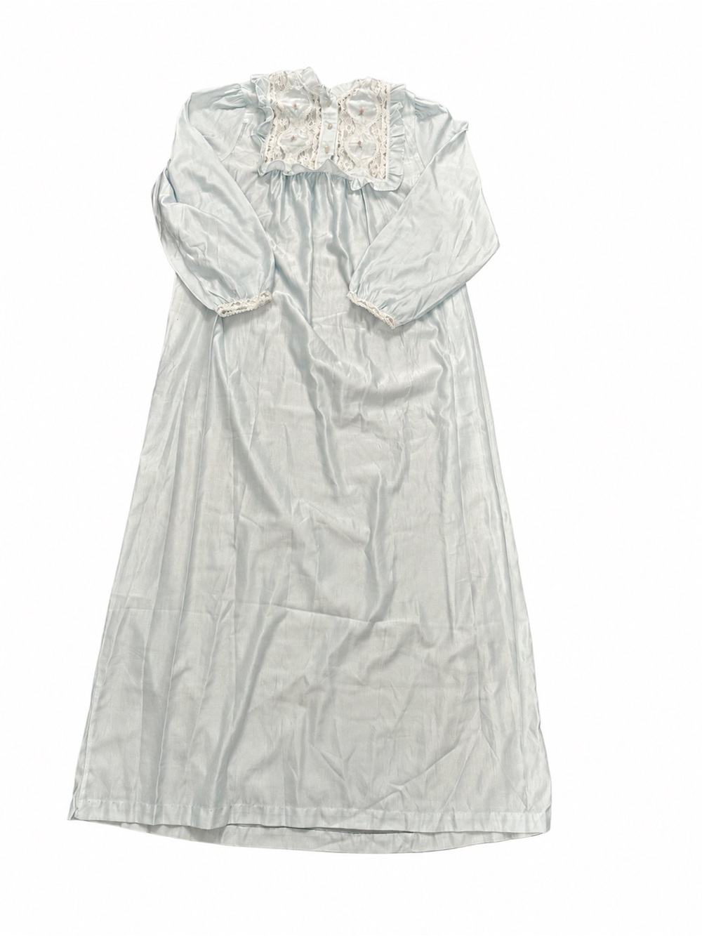 Vintage 1980s Barbizon M Blue Satin Lace Rosebud Long Sleeve Nightgown 54”